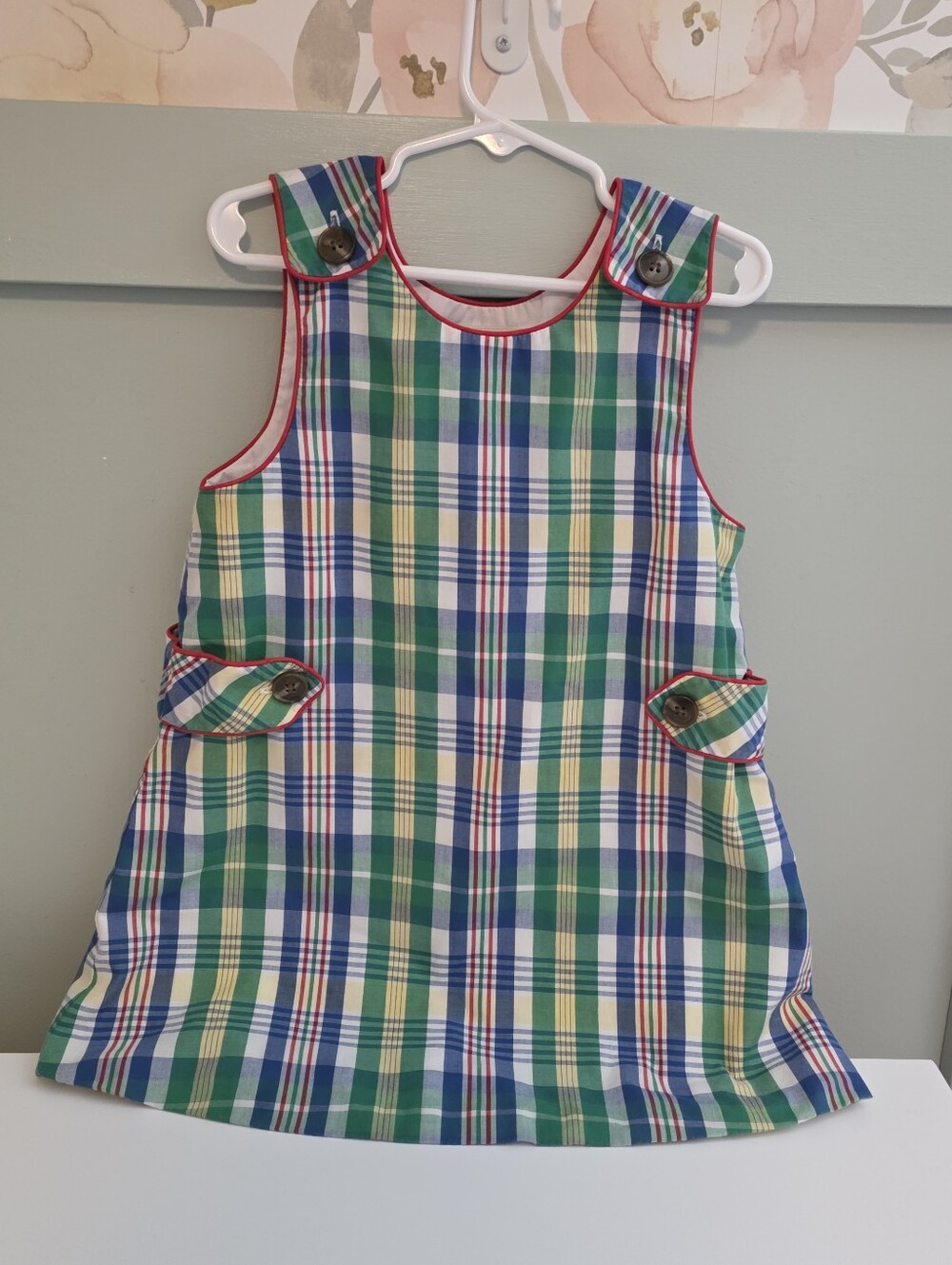 The Beaufort Bonnet Company Plaid Fall Apple Pinafore - Green, Blue, Yellow